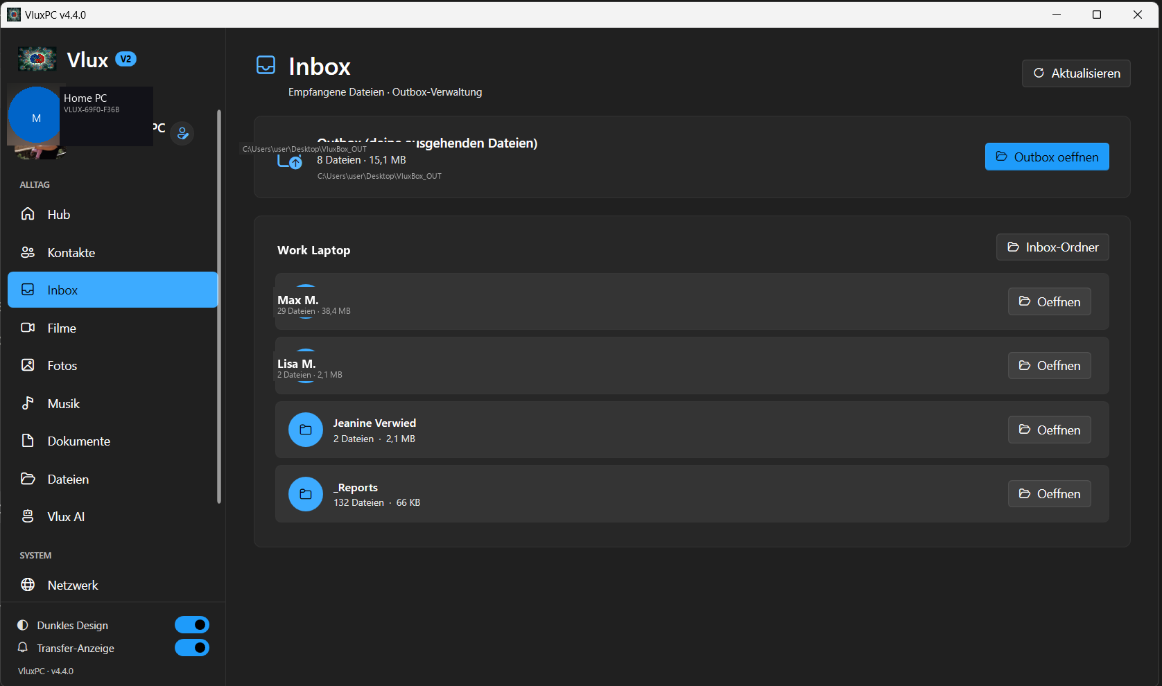 VluxPC Inbox — Eingehende Dateitransfers und Nachrichten